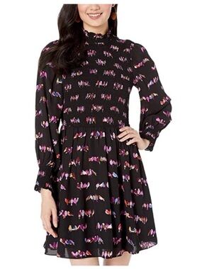 Kate Spade Love Birds Smocked Bird Print Long-Sleeve Mini Dress - Size 10